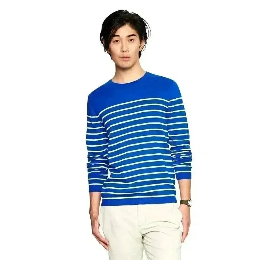 Banana Republic Men's Blue & Gray Cotton Striped Crewneck Long Sleeve T-Shirt